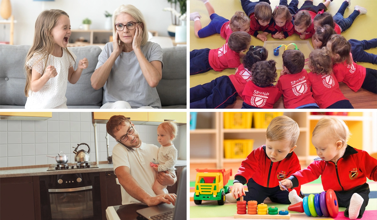 niña gritando vs niños experimentando padre teletrabajando con niño vs niños aprendiendo